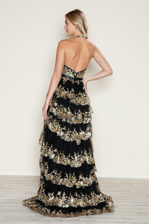 Poly USA 9618 Applique Halter Tiered Slit Gown