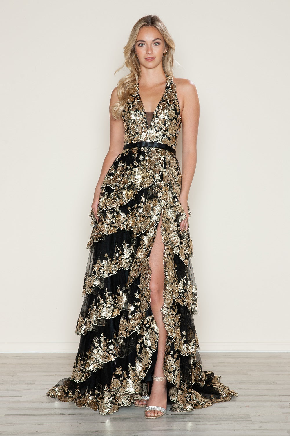 Poly USA 9618 Applique Halter Tiered Slit Gown