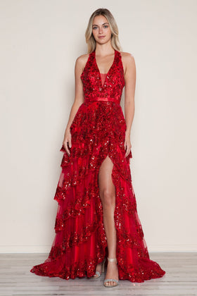 Poly USA 9618 Applique Halter Tiered Slit Gown