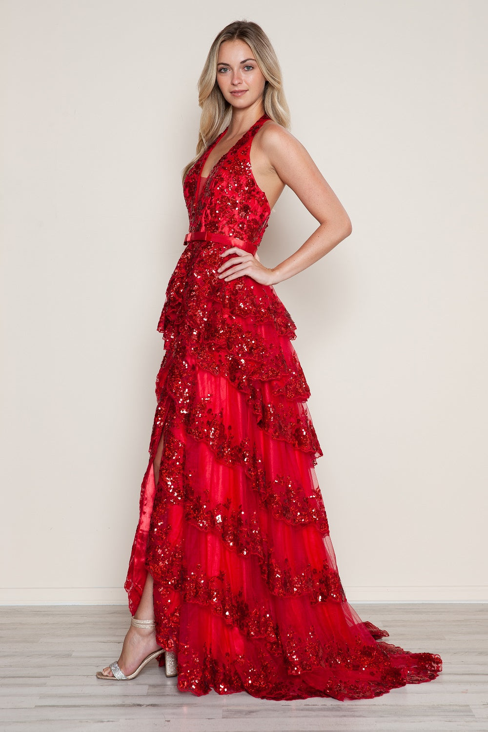 Poly USA 9618 Applique Halter Tiered Slit Gown