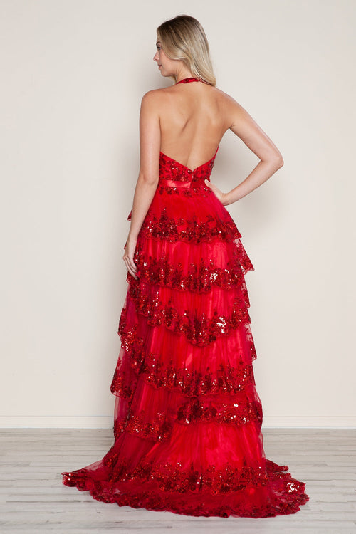 Poly USA 9618 Applique Halter Tiered Slit Gown