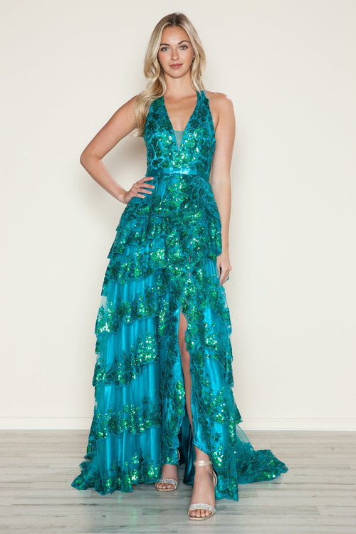 Poly USA 9618 Applique Halter Tiered Slit Gown