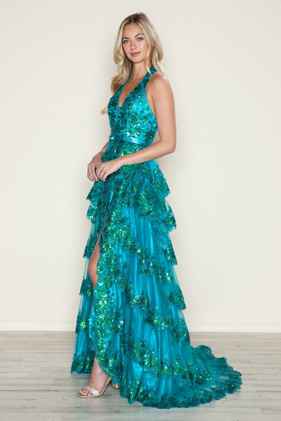 Poly USA 9618 Applique Halter Tiered Slit Gown