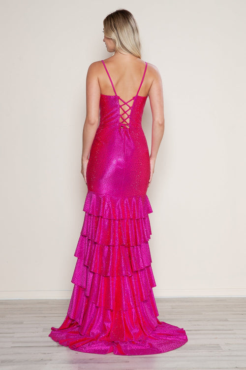 Poly USA 9620 Beaded V-Neck Tiered Slit Gown