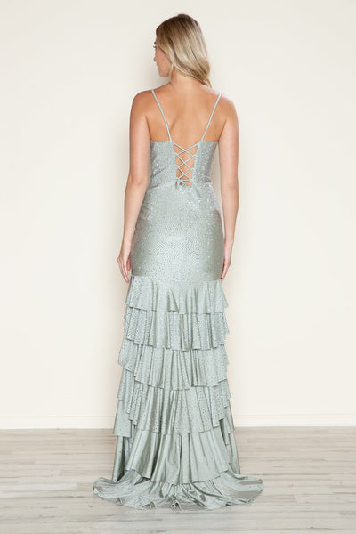 Poly USA 9620 Beaded V-Neck Tiered Slit Gown