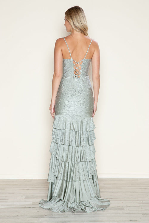 Poly USA 9620 Beaded V-Neck Tiered Slit Gown