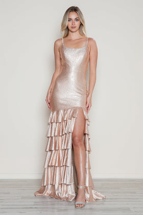Poly USA 9622 Jersey Sleeveless Tiered Slit Gown