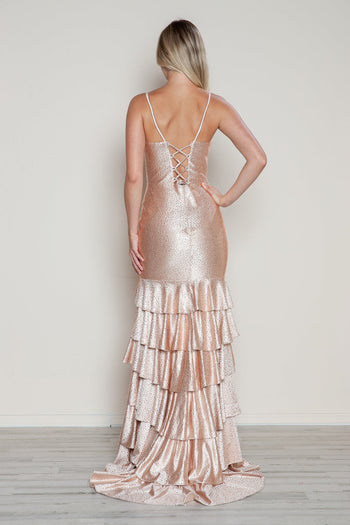Poly USA 9622 Jersey Sleeveless Tiered Slit Gown