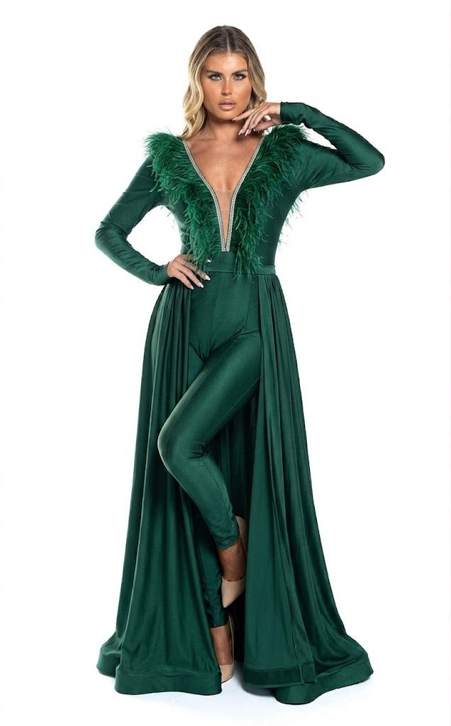 Feather Trim Long Sleeve Jumpsuit Gown with Deep V-Neck & Flowing Overskirt by Jessica Angel 864