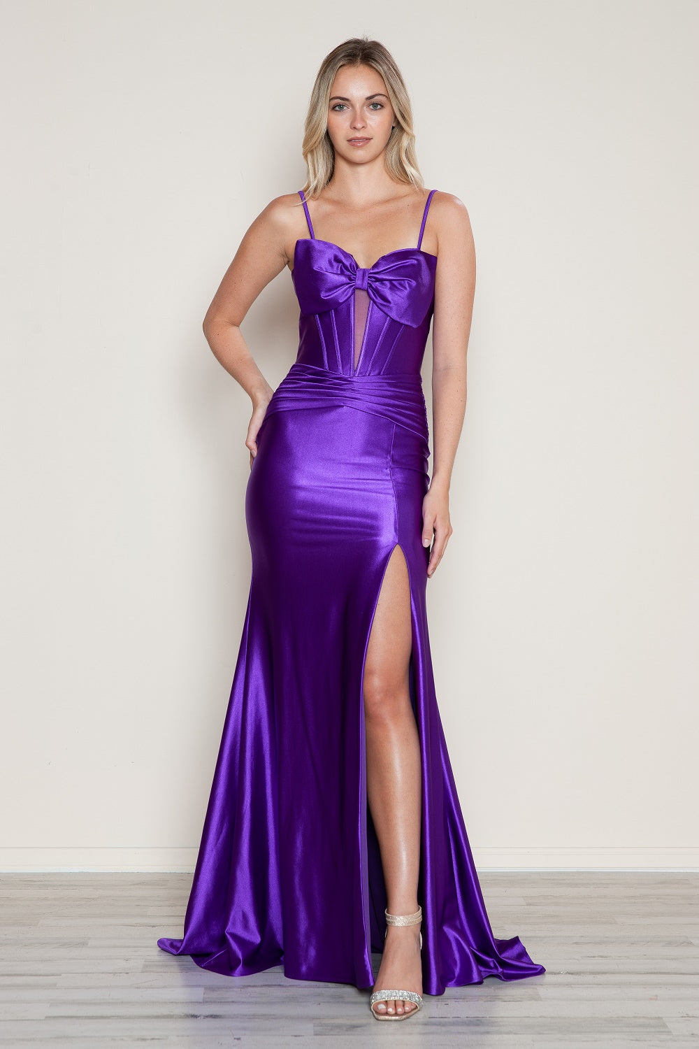 Poly USA 9644 Satin Fitted Sleeveless Slit Gown