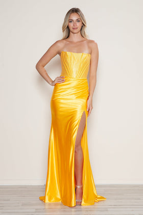 Poly USA 9656 Beaded Satin Fitted Corset Slit Gown