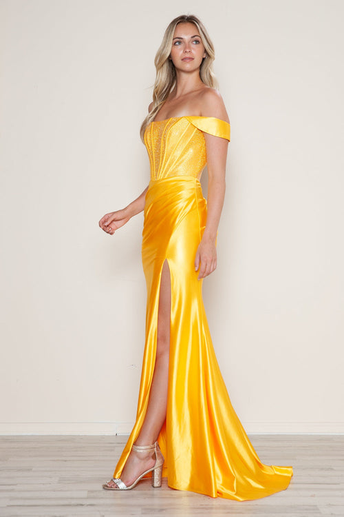 Poly USA 9656 Beaded Satin Fitted Corset Slit Gown