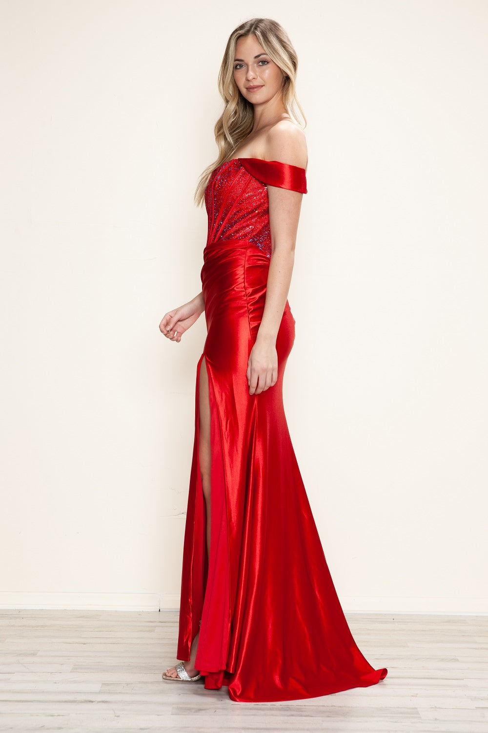 Poly USA 9656 Beaded Satin Fitted Corset Slit Gown