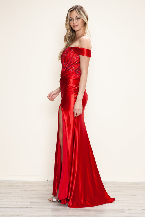 Poly USA 9656 Beaded Satin Fitted Corset Slit Gown