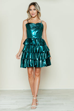 Poly USA 9678 Metallic Short A-line Ruffled Dress