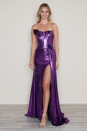Poly USA 9682 Metallic Fitted Strapless Slit Gown