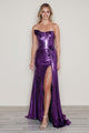 Vestido metálico ajustado sin tirantes con abertura de Poly USA 9682