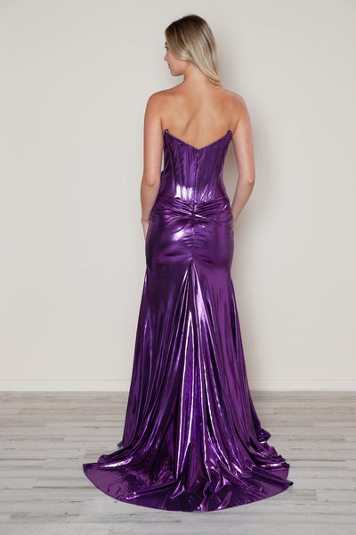 Poly USA 9682 Metallic Fitted Strapless Slit Gown
