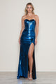 Vestido metálico ajustado sin tirantes con abertura de Poly USA 9684