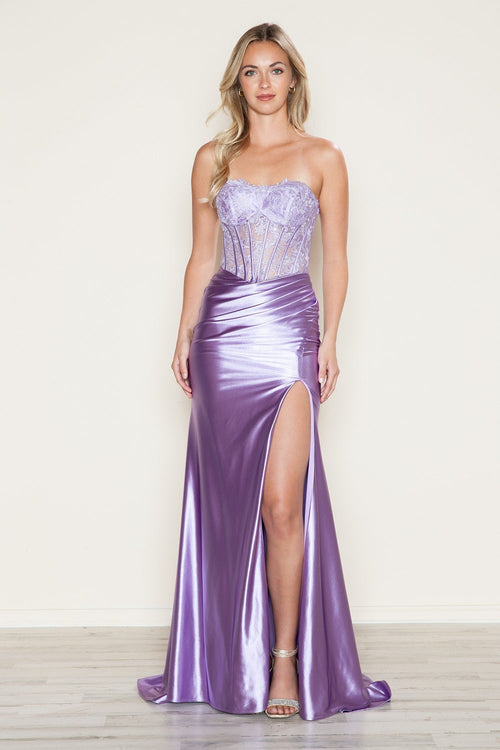 Poly USA 9688 Satin Fitted Lace Bodice Slit Gown