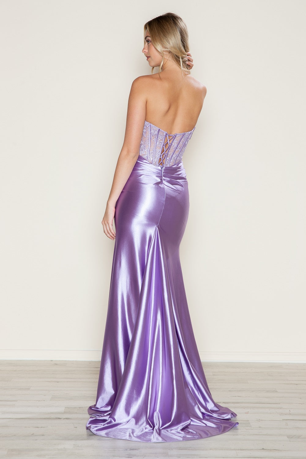 Poly USA 9688 Satin Fitted Lace Bodice Slit Gown