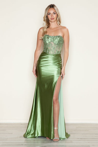 Poly USA 9688 Satin Fitted Lace Bodice Slit Gown