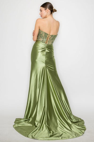 Poly USA 9688 Satin Fitted Lace Bodice Slit Gown