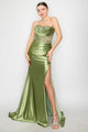 Vestido de satén con escote de encaje ajustado y abertura de Poly USA 9688