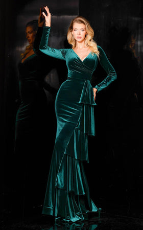 Jessica Angel JA968 V-Neck Long Sleeve Ruched Draped Train Velvet Dress