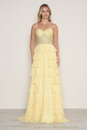 Poly USA 9698 Applique Chiffon A-line Tiered Gown