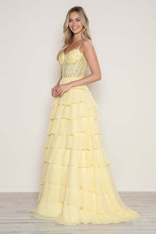 Poly USA 9698 Applique Chiffon A-line Tiered Gown