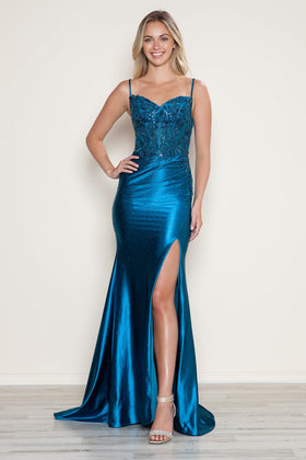 Poly USA 9710 Applique Satin Sleeveless Slit Gown