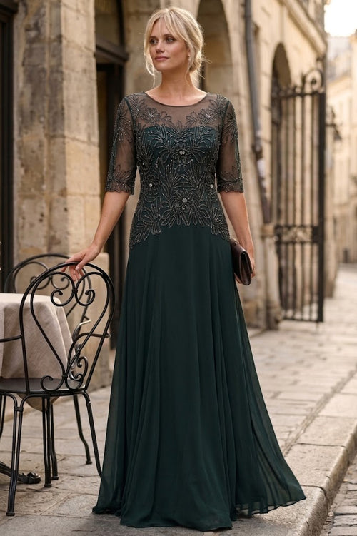 Women’s Long Embellished Formal Dress with Sheer Sleeves and Beaded Lace Bodice By Eva USA 5222