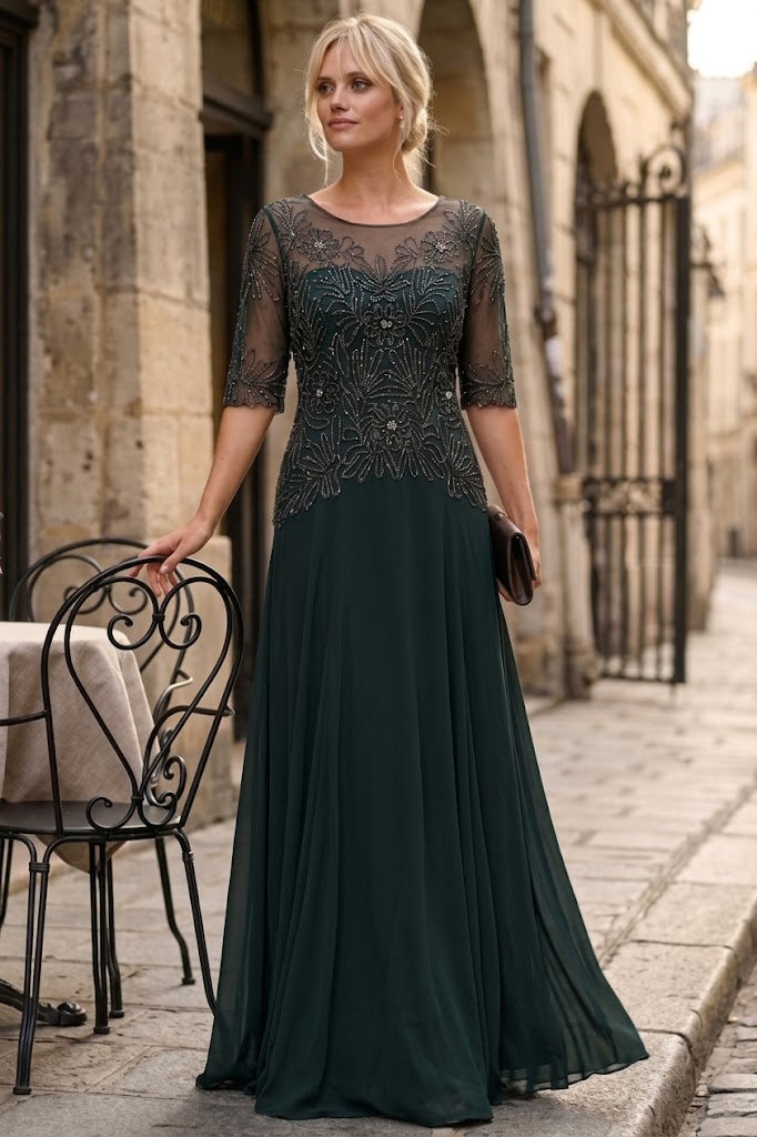 Women’s Long Embellished Formal Dress with Sheer Sleeves and Beaded Lace Bodice By Eva USA 5222