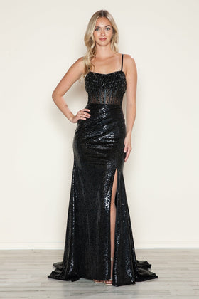 Poly USA 9732 Beaded Sequin Sleeveless Slit Gown