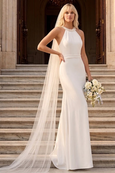 Eva USA 3408 Bridal Long Beaded Halter Wedding Dress