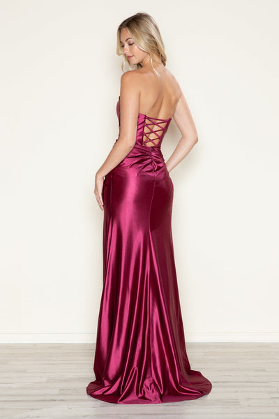 Poly USA 9734 Satin Fitted Strapless Slit Gown
