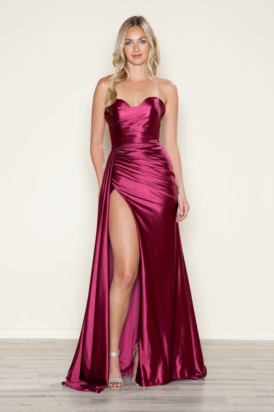 Poly USA 9734 Satin Fitted Strapless Slit Gown