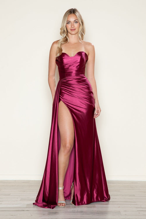 Poly USA 9734 Satin Fitted Strapless Slit Gown