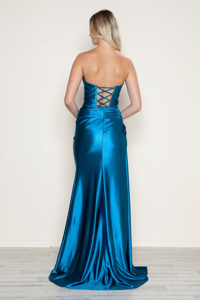 Poly USA 9734 Satin Fitted Strapless Slit Gown