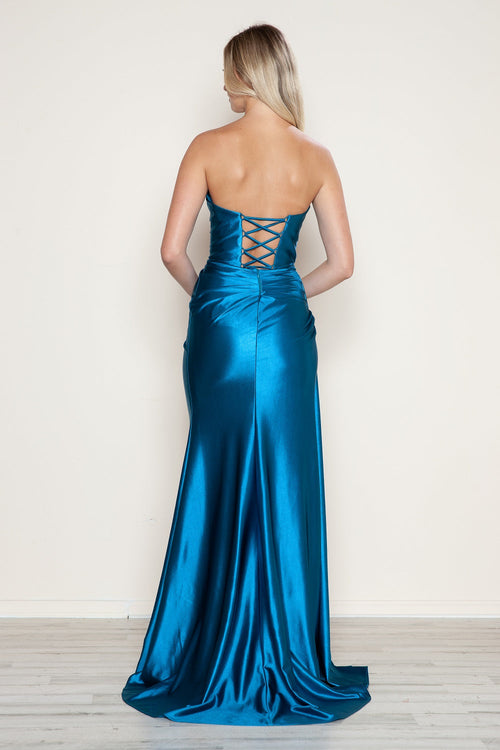 Poly USA 9734 Satin Fitted Strapless Slit Gown