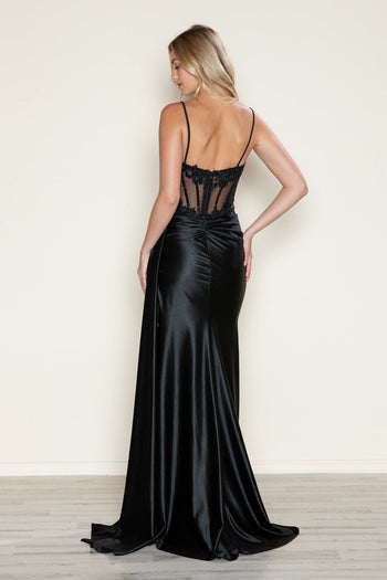 Vestido de satén bordado con abertura y corsé de Poly USA 9740