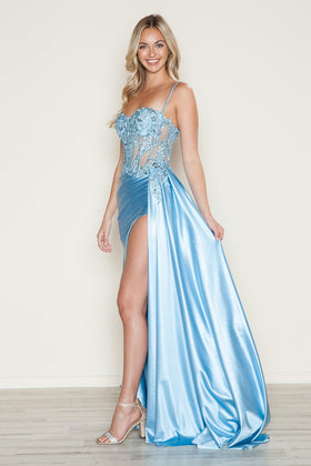 Poly USA 9740 Embroidered Satin Corset Slit Gown