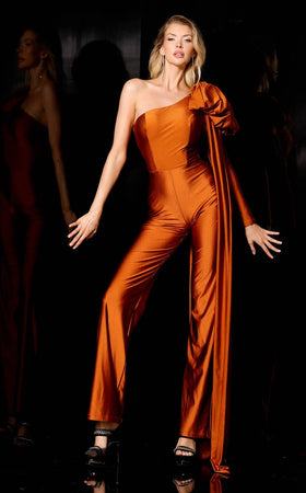 Jessica Angel JA979C Copper Color One-Shoulder Long Sleeve Straight-Leg Jersey Jumpsuit