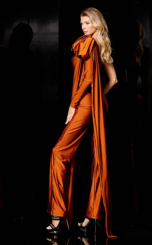 Jessica Angel JA979C Copper Color One-Shoulder Long Sleeve Straight-Leg Jersey Jumpsuit