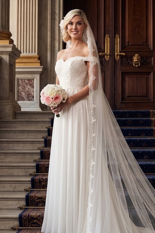 May Queen MQ1644 Off The Shoulder A-line Long Ivory Wedding Gown