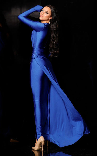 Jessica Angel JA980 Royal Blue Long Sleeve Ruched Draped Formal Jersey Jumpsuit