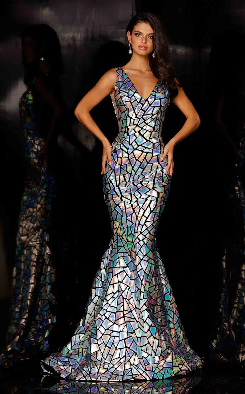 Deep V-Neck Sleeveless Mermaid Mirror Holographic Gown JA981 by Jessica Angel Silver / XL