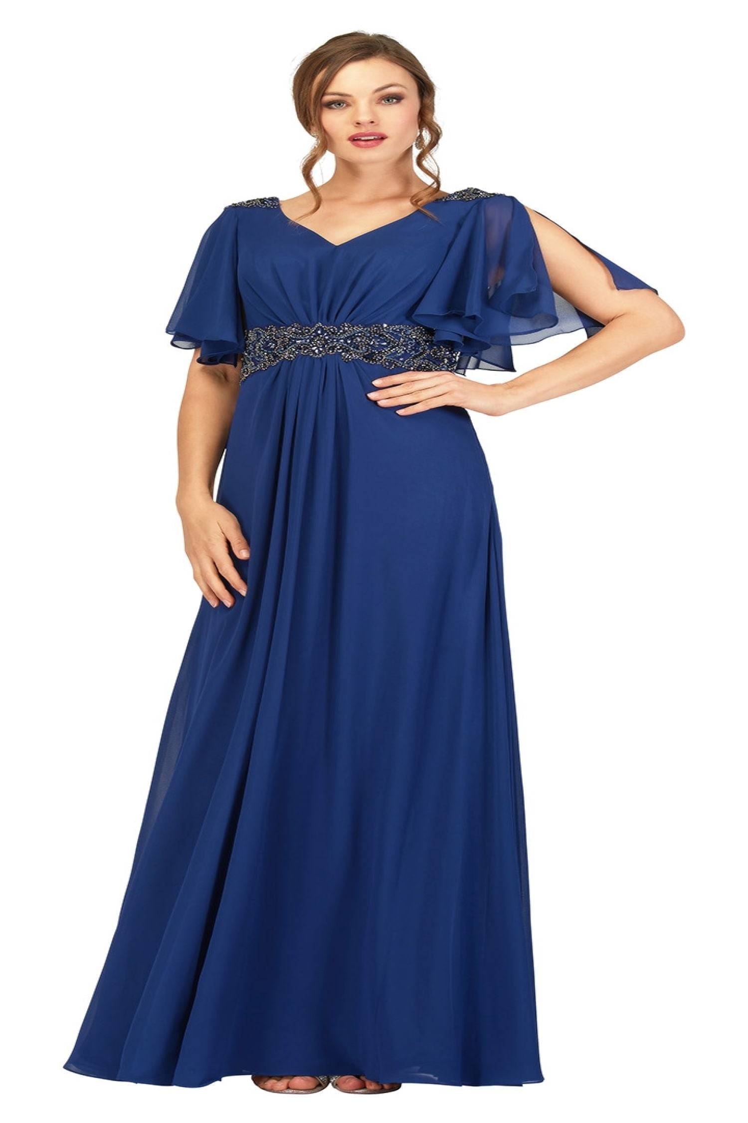 Abby Paris 986002W Beaded Chiffon Short Sleeve Gown