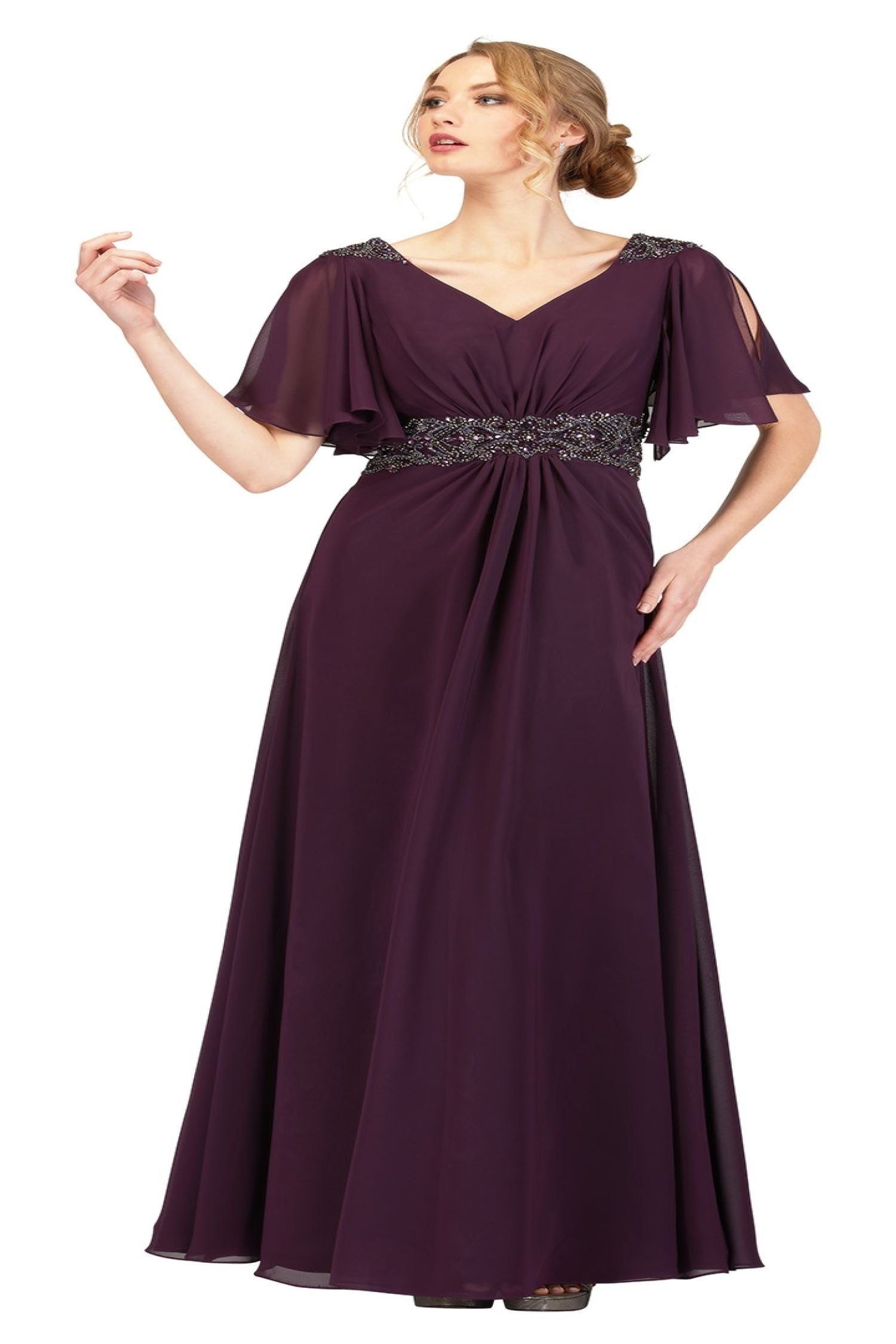 Abby Paris 986002W Beaded Chiffon Short Sleeve Gown